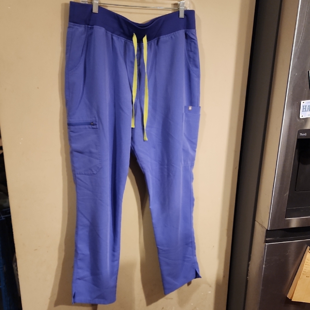 Figs Women's Cargo Scrub Pants in Purple with Yellow Drawstring